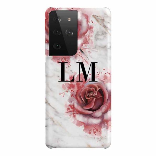 Personalised Floral Rose x White Marble Initials Samsung Galaxy S21 Ultra Case