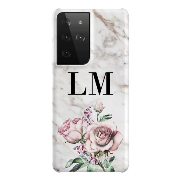 Personalised Floral Rose x Marble Initials Samsung Galaxy S21 Ultra Case