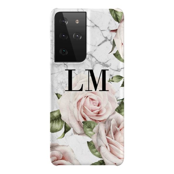 Personalised White Floral Marble Initials Samsung Galaxy S21 Ultra Case