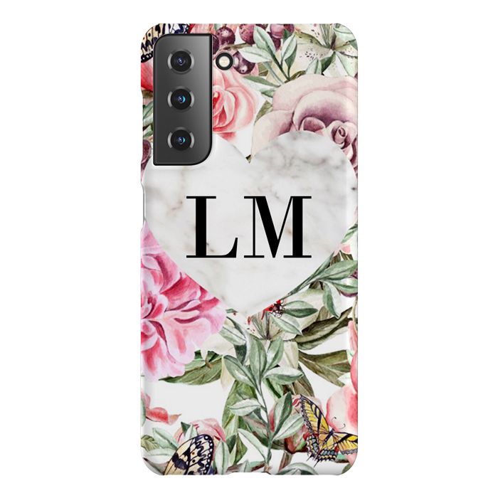 Personalised Floral Marble Heart Initials Samsung Galaxy S21 FE Case