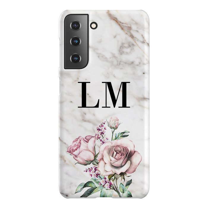 Personalised Floral Rose x Marble Initials Samsung Galaxy S21 Case