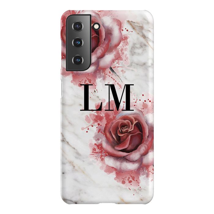 Personalised Floral Rose x White Marble Initials Samsung Galaxy S21 FE Case