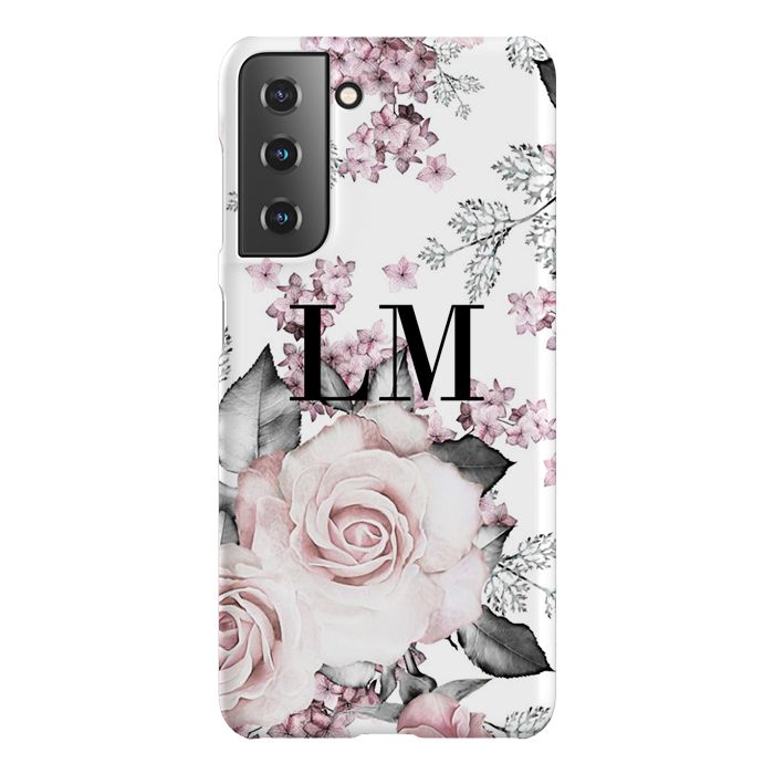 Personalised Pink Floral Rose Initials Samsung Galaxy S21 Case