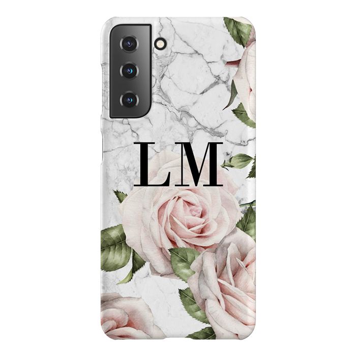 Personalised White Floral Marble Initials Samsung Galaxy S21 Plus Case