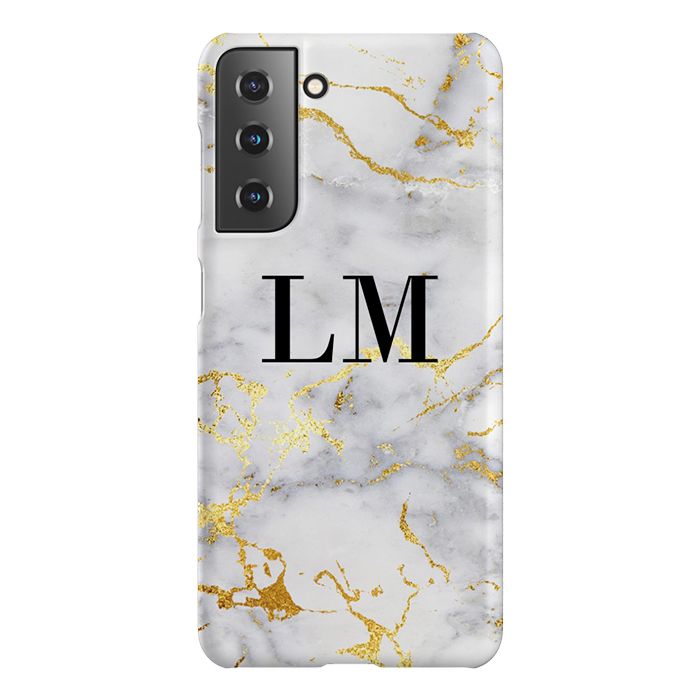 Personalised White x Gold Streaks Marble Initials Samsung Galaxy S21 Case