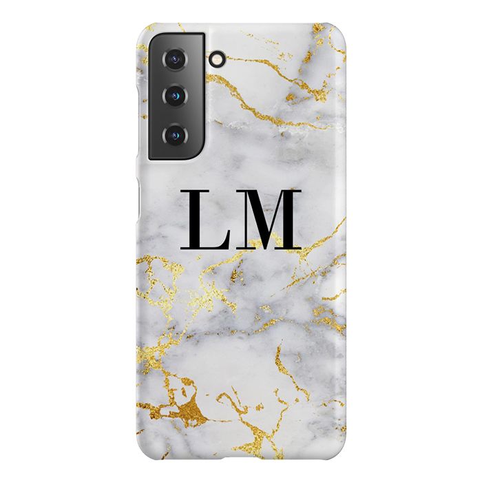 Personalised White x Gold Streaks Marble Initials Samsung Galaxy S22 Case