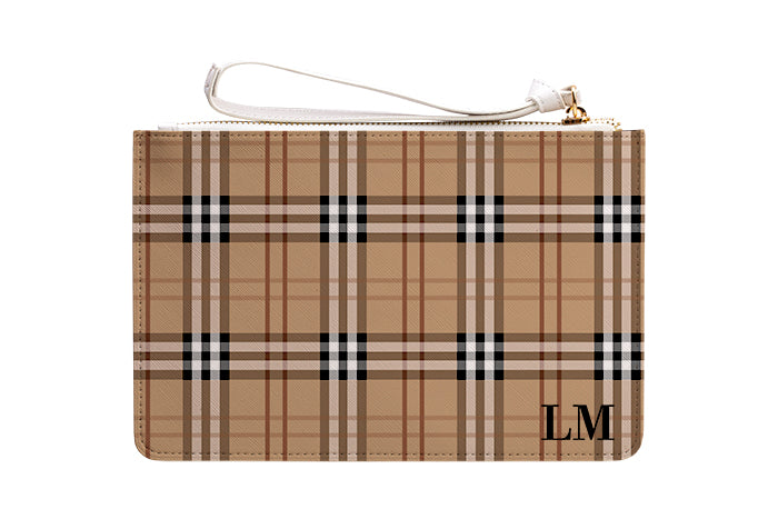 Personalised Brown Tartan Leather Clutch Bag