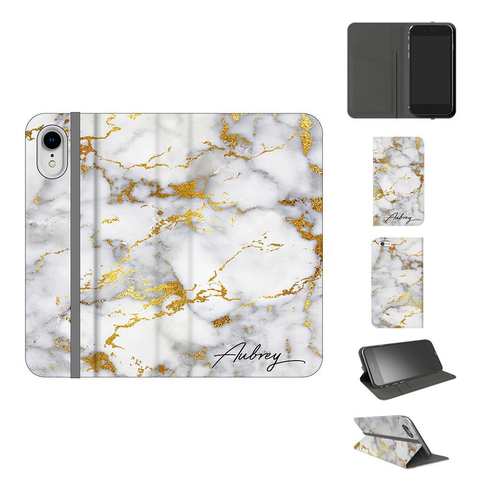 Personalised White x Gold Streaks Marble Initials iPhone XR Case