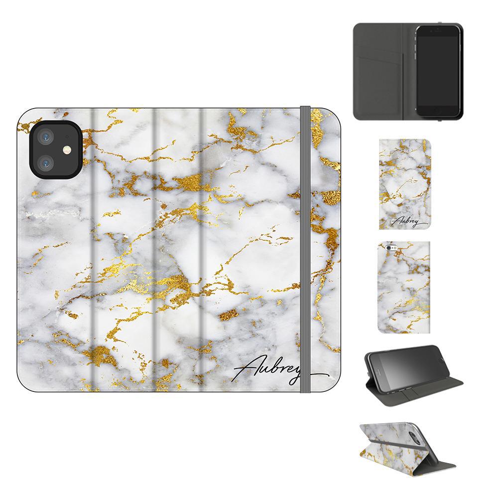 Personalised White x Gold Streaks Marble Initials iPhone 11 Case