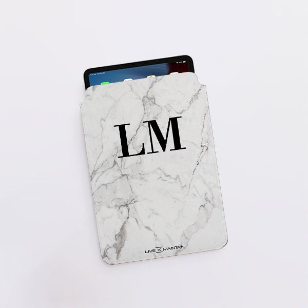 Personalised White Calacatta Marble Saffiano Leather Tablet/Laptop Sleeve