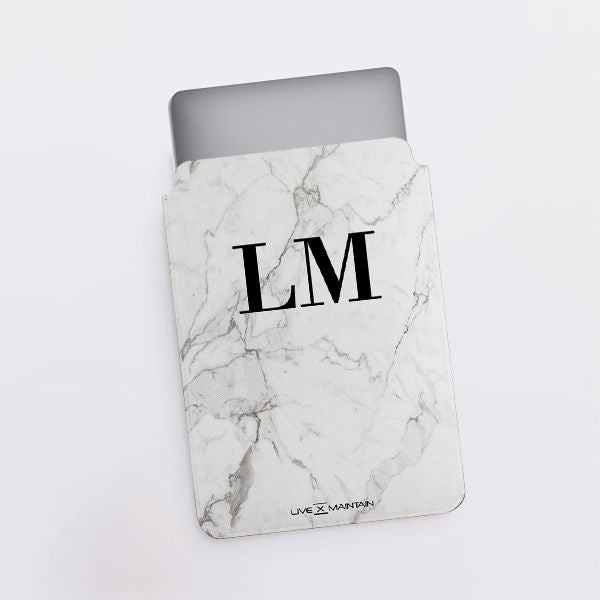 Personalised White Calacatta Marble Saffiano Leather Tablet/Laptop Sleeve