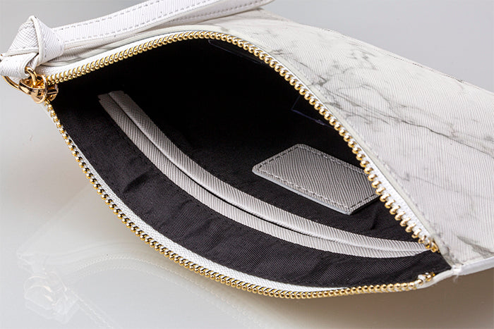 Personalised White Calacatta Leather Clutch Bag