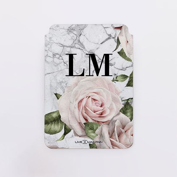 Personalised White Floral Marble Initials Saffiano Leather Tablet/Laptop Sleeve