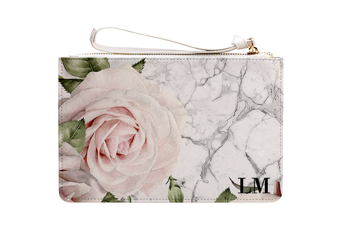 Personalised White Floral Marble Leather Clutch Bag