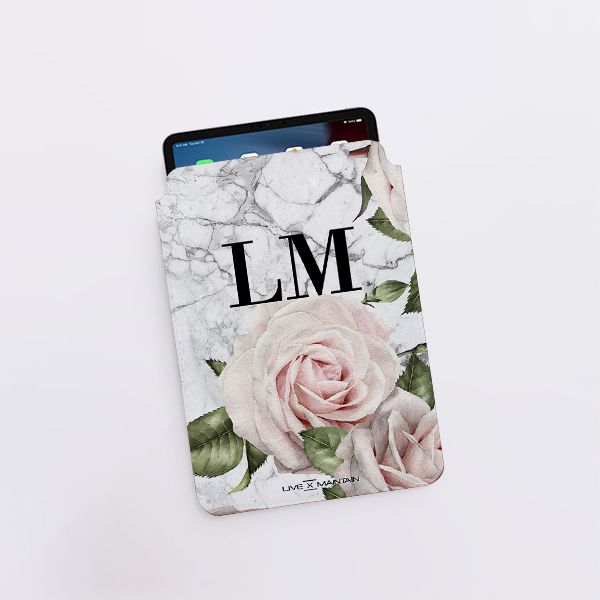 Personalised White Floral Marble Initials Saffiano Leather Tablet/Laptop Sleeve