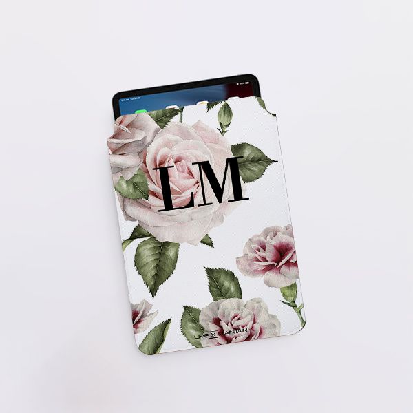 Personalised White Floral Rose Initials Saffiano Leather Tablet/Laptop Sleeve