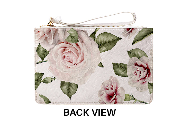 Personalised White Floral Rose Leather Clutch Bag