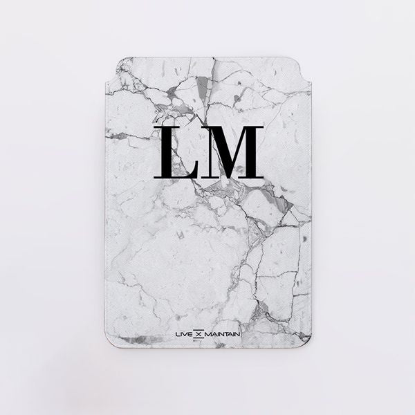 Personalised White Marble x Black Initials Saffiano Leather Tablet/Laptop Sleeve
