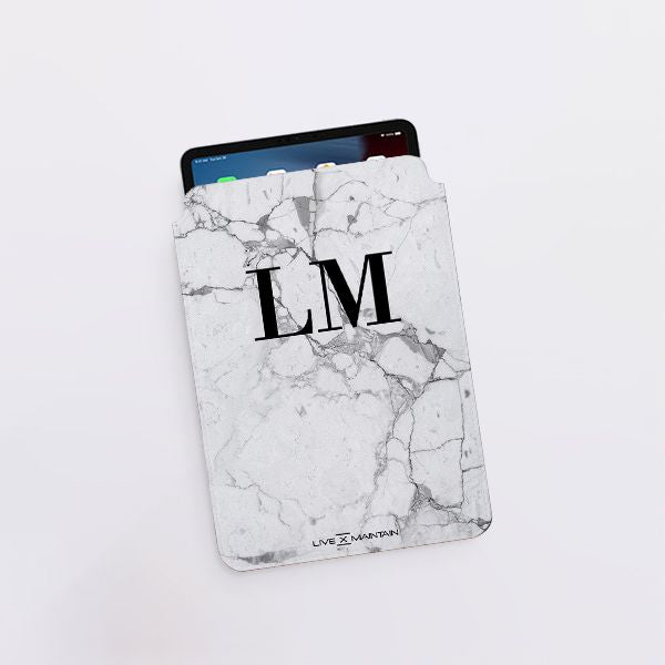 Personalised White Marble x Black Initials Saffiano Leather Tablet/Laptop Sleeve