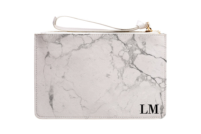 Personalised White Marble x Black Leather Clutch Bag