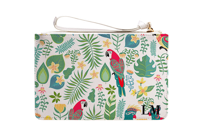 Personalised White Parrot Leather Clutch Bag