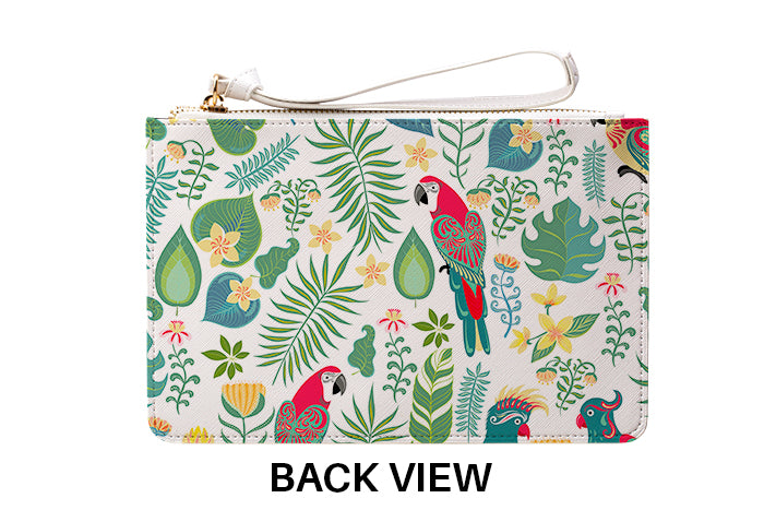 Personalised White Parrot Leather Clutch Bag
