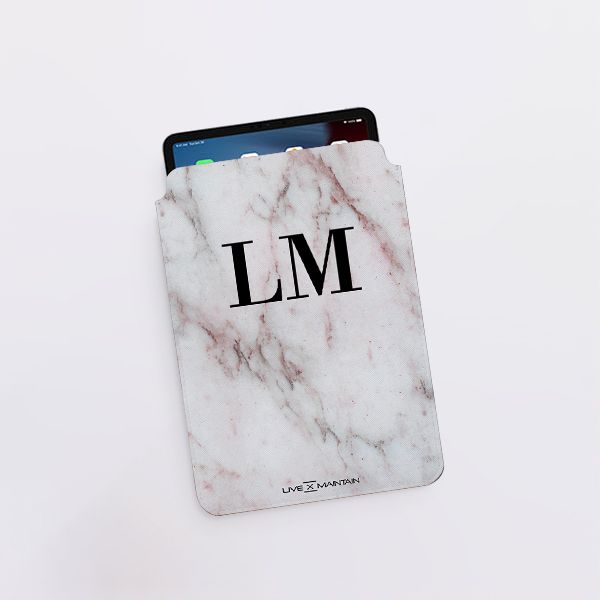 Personalised White Rosa Marble Initials Saffiano Leather Tablet/Laptop Sleeve