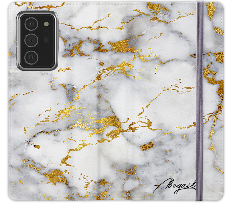 Personalised White x Gold Streaks Marble Initials Samsung Galaxy Note 20 Ultra Case