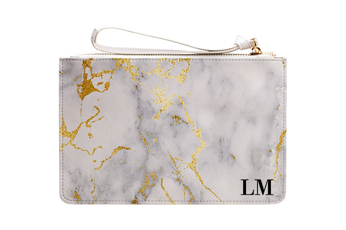 Personalised White x Gold Streaks Marble Leather Clutch Bag