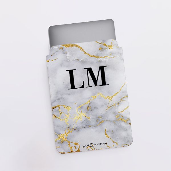 Personalised White x Gold Streaks Marble Initials Saffiano Leather Tablet/Laptop Sleeve