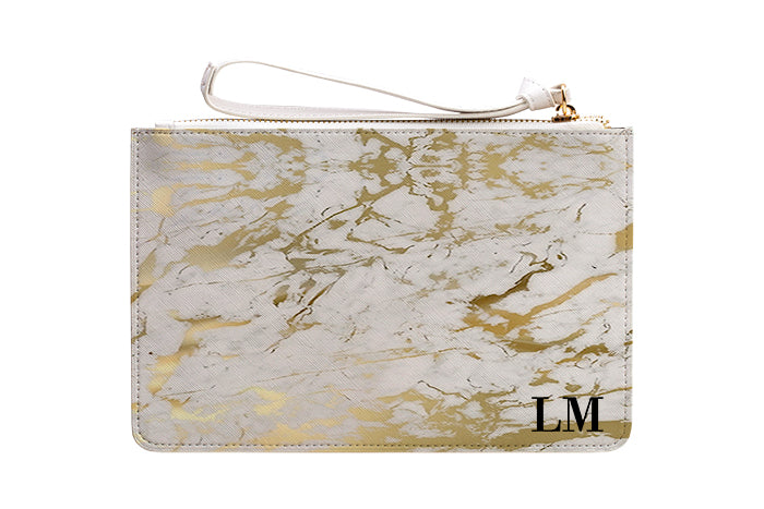 Personalised White x Gold Marble Leather Clutch Bag