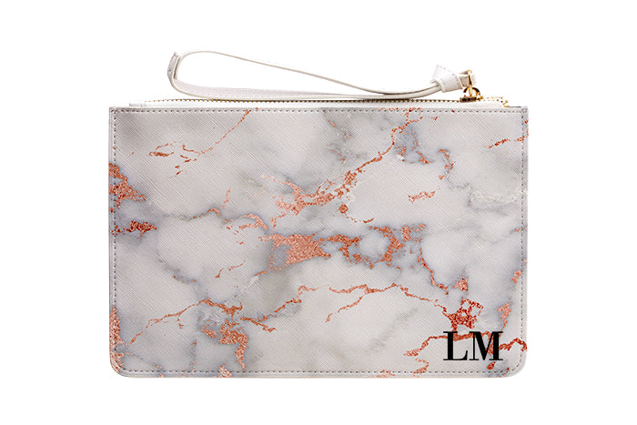 Personalised White x Rose Gold Marble Leather Clutch Bag
